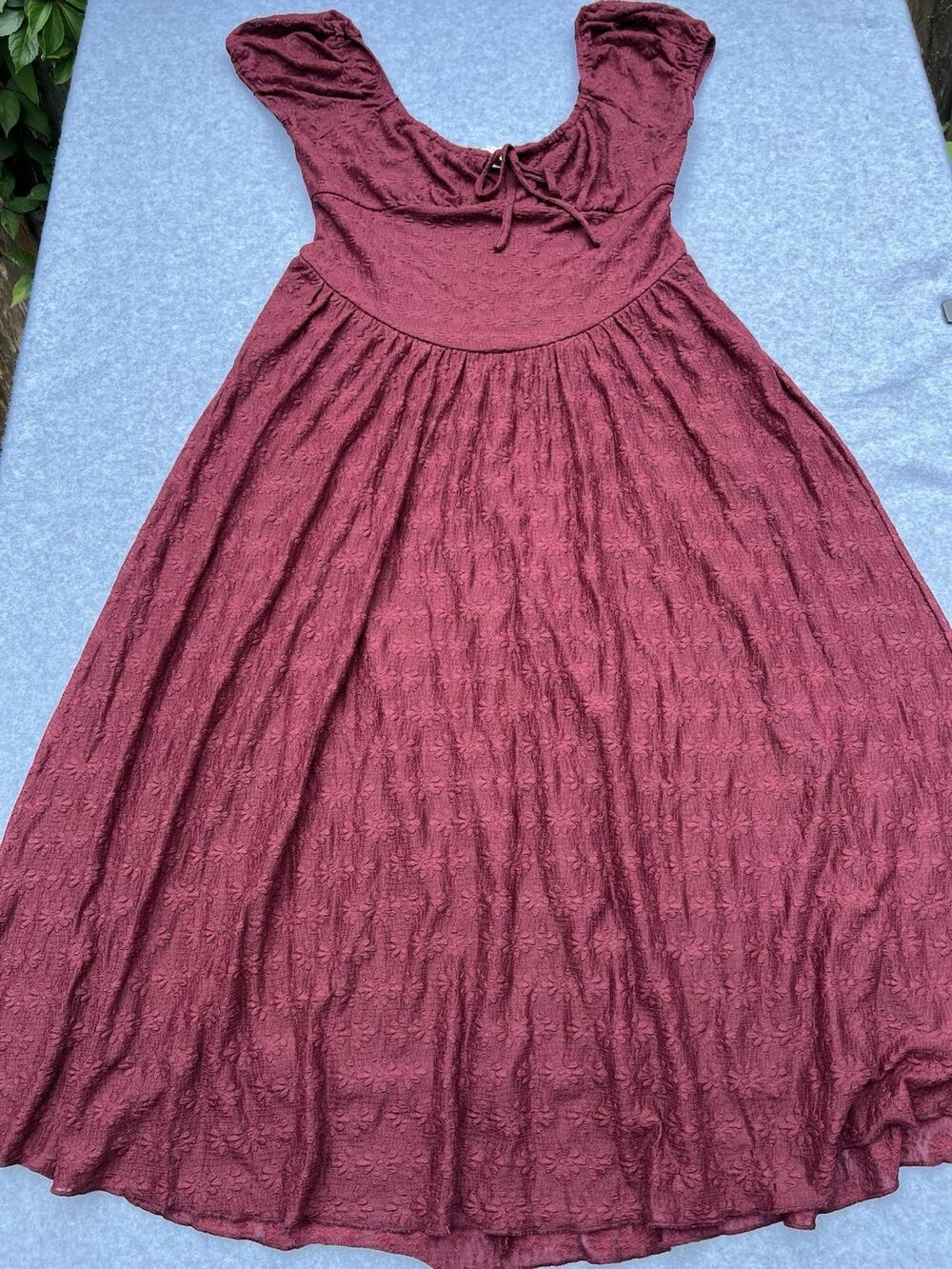 Thirty Thirty Burgundy Textured Maxi Dress L Cottagecore Fairycore Lined